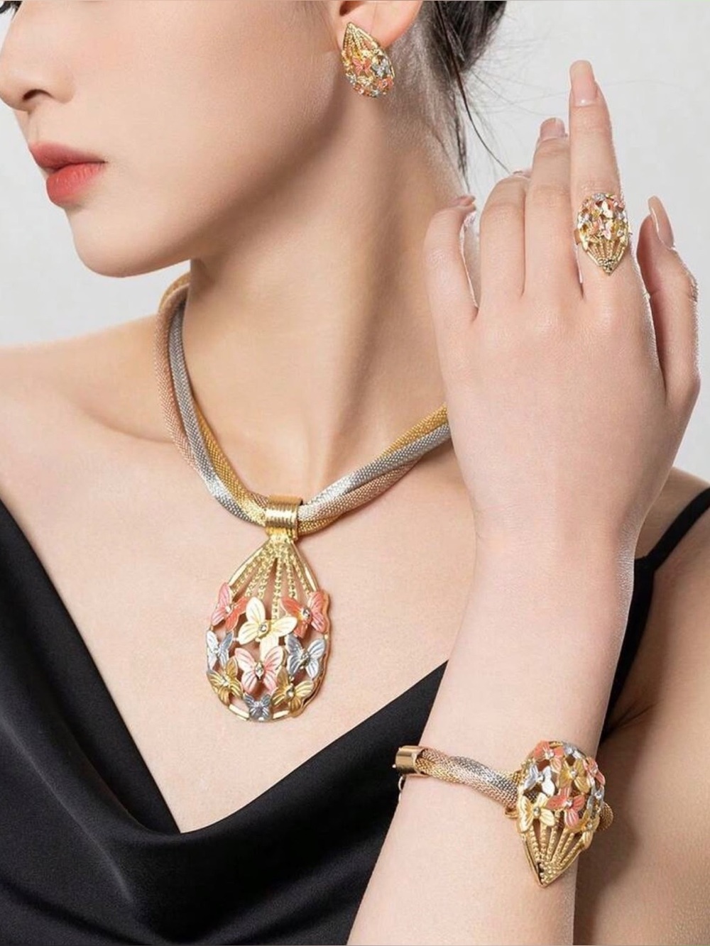 Vintage Floral Statement Jewelry Set | Necklace, Bracelet, Ring & Earrings